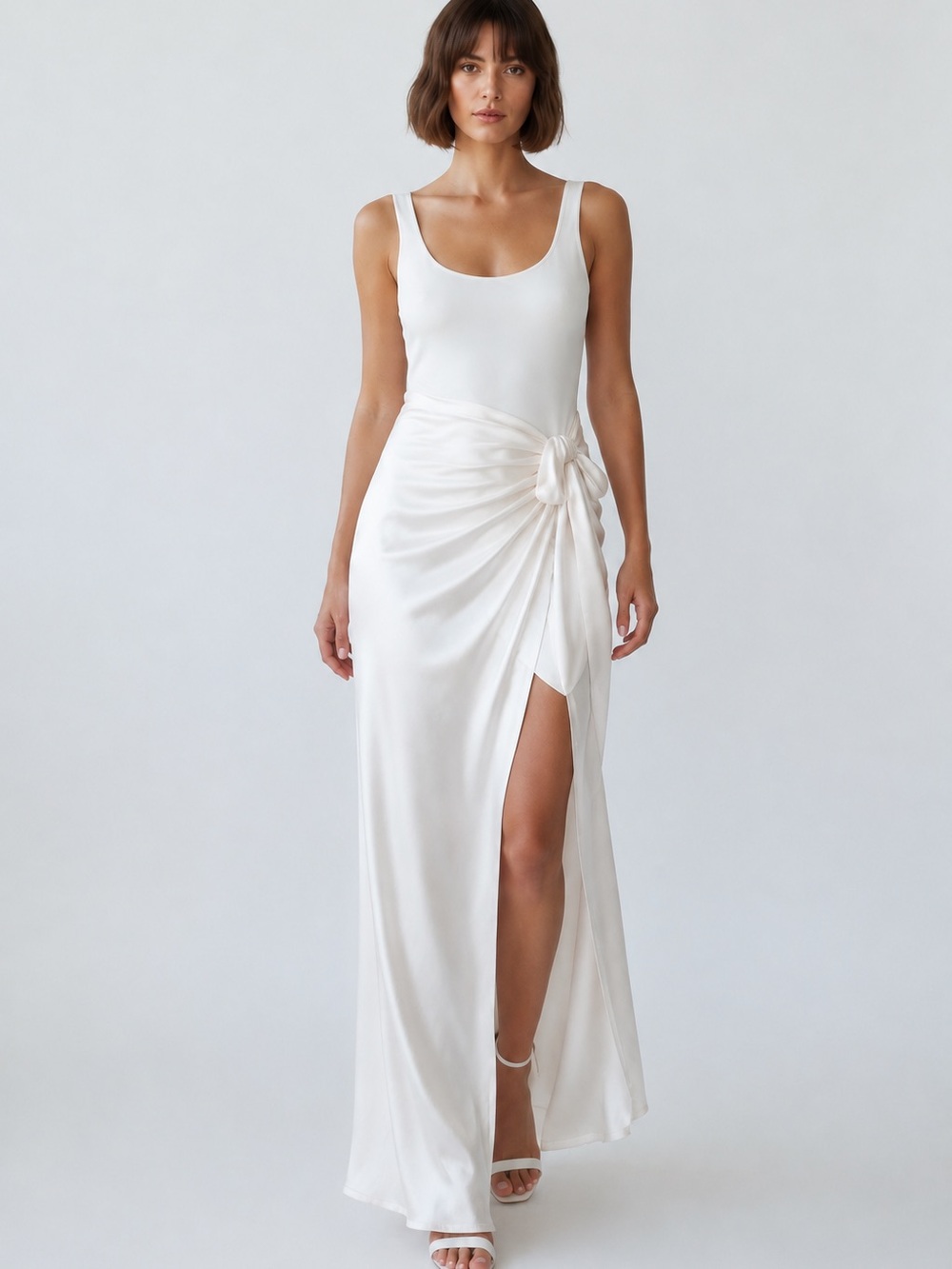 Mable Ivory White Scoop Neck Twofer Knit Satin Draped Hi Lo Ruffle Dress Elegant
